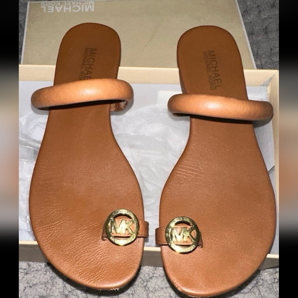Michael Kors Brown Tan Leather Slide Sandals with Gold Accents